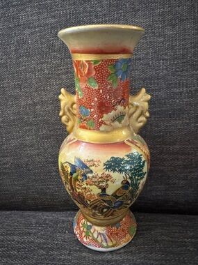 Vintage Asian Decorative Multicolor Porcelain Vase with Floral & Bird Motif